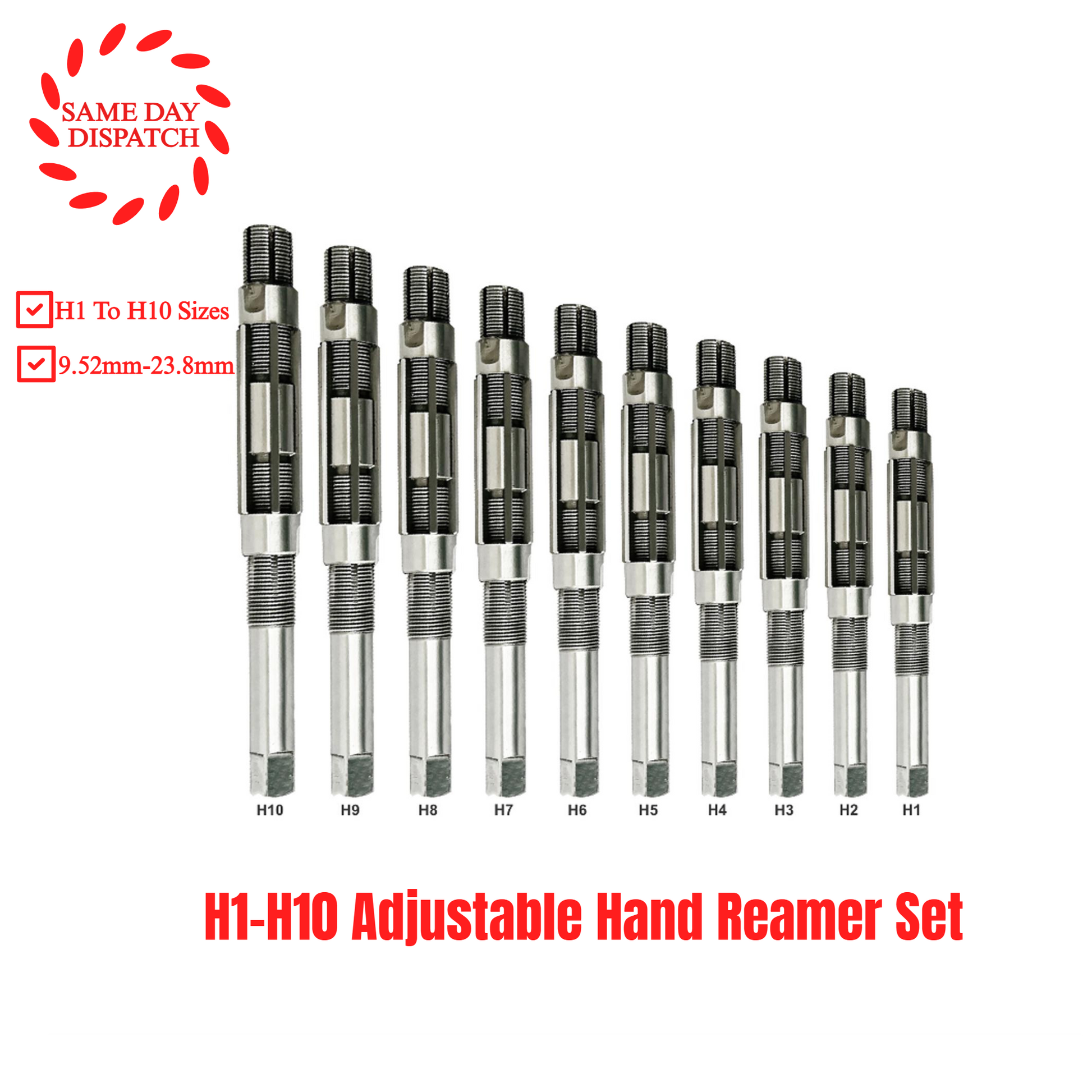 Adjustable Hand Reamer 10 Pcs Set H1 To H10 Sizes 3/8 " To 15/16 "