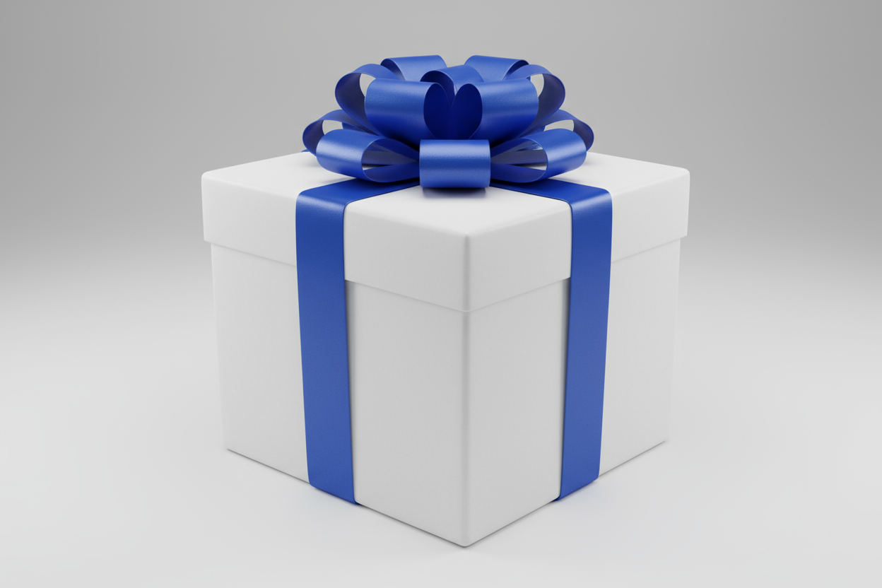 white wrpaping on a box and with a blue strap