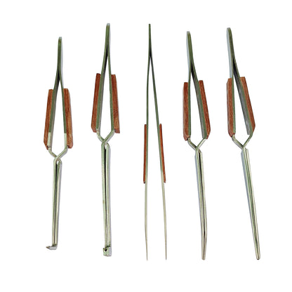 5 Tweezers Jewelry Soldering Fiber Grip Cross Locking Set Bent & Straight Tip