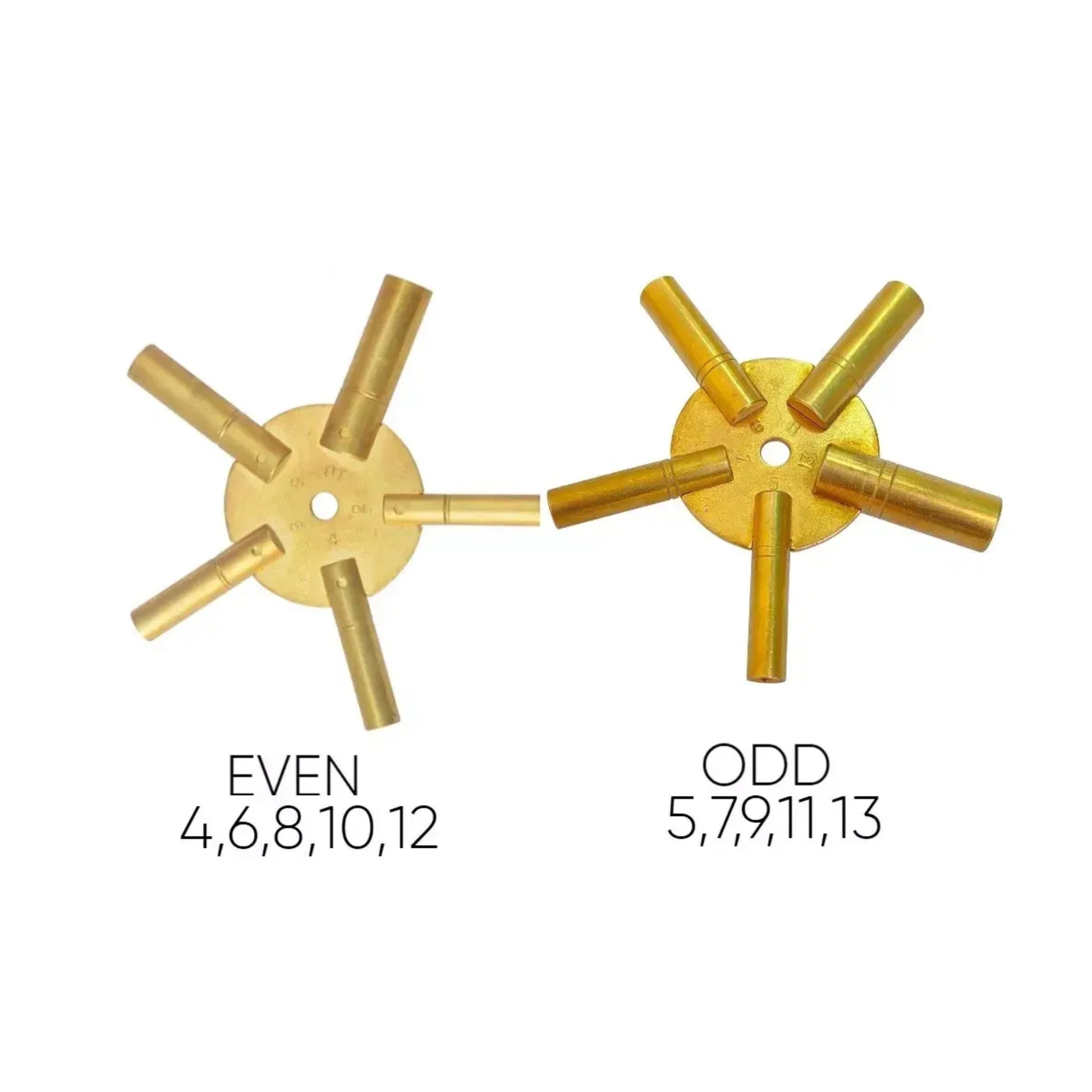 2pc Brass Clock Winding Keys with 5 Pronged Even 4,6,8,10,12 & Odd 5,7,9,11,13