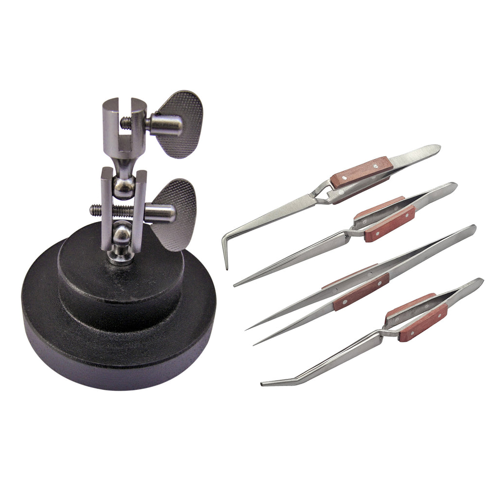3rd Hand Base with 4 Pc Tweezers Jewelry Soldering Fiber Grip Cross Locking Set