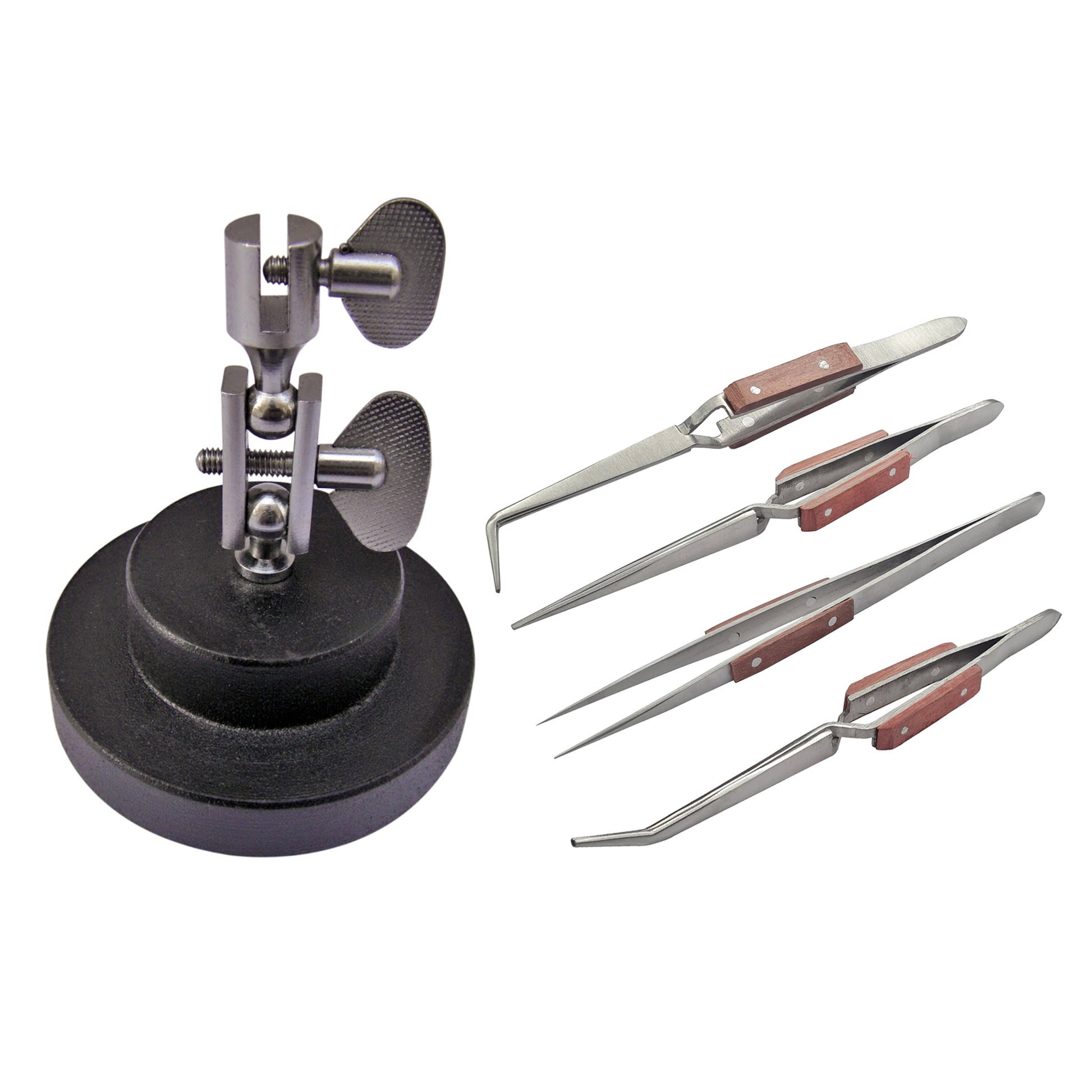 3rd Hand Base with 4 Pc Tweezers Jewelry Soldering Fiber Grip Cross Locking Set