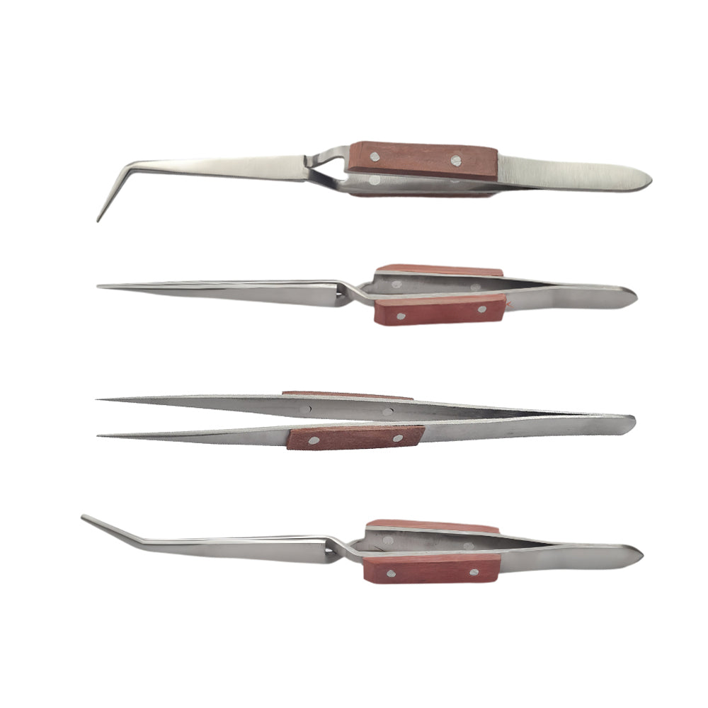 4 Pc Tweezers Jewelry Soldering Fiber Grip Cross Locking Set Bent & Straight Tip