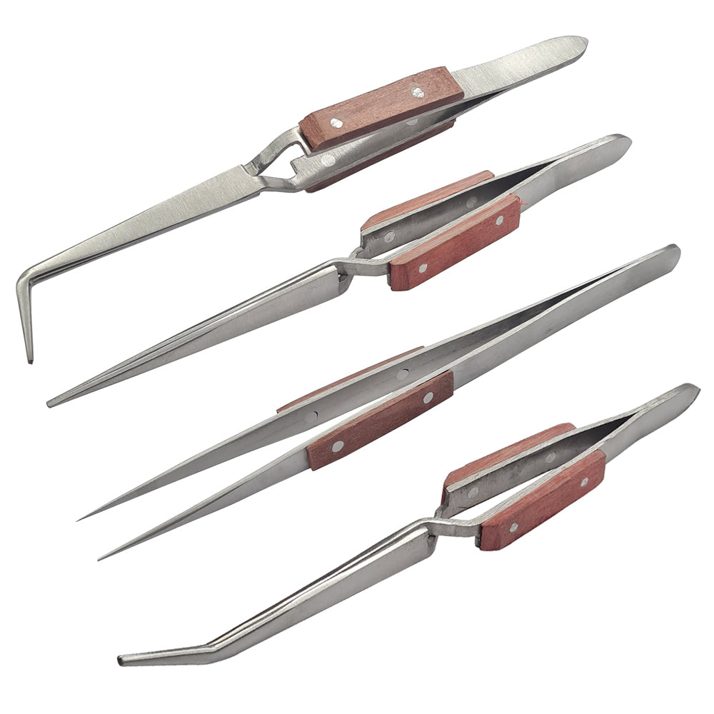 4 Pc Tweezers Jewelry Soldering Fiber Grip Cross Locking Set Bent & Straight Tip