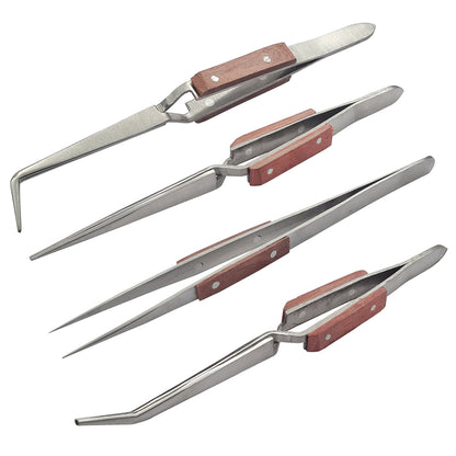 4 Pc Tweezers Jewelry Soldering Fiber Grip Cross Locking Set Bent & Straight Tip