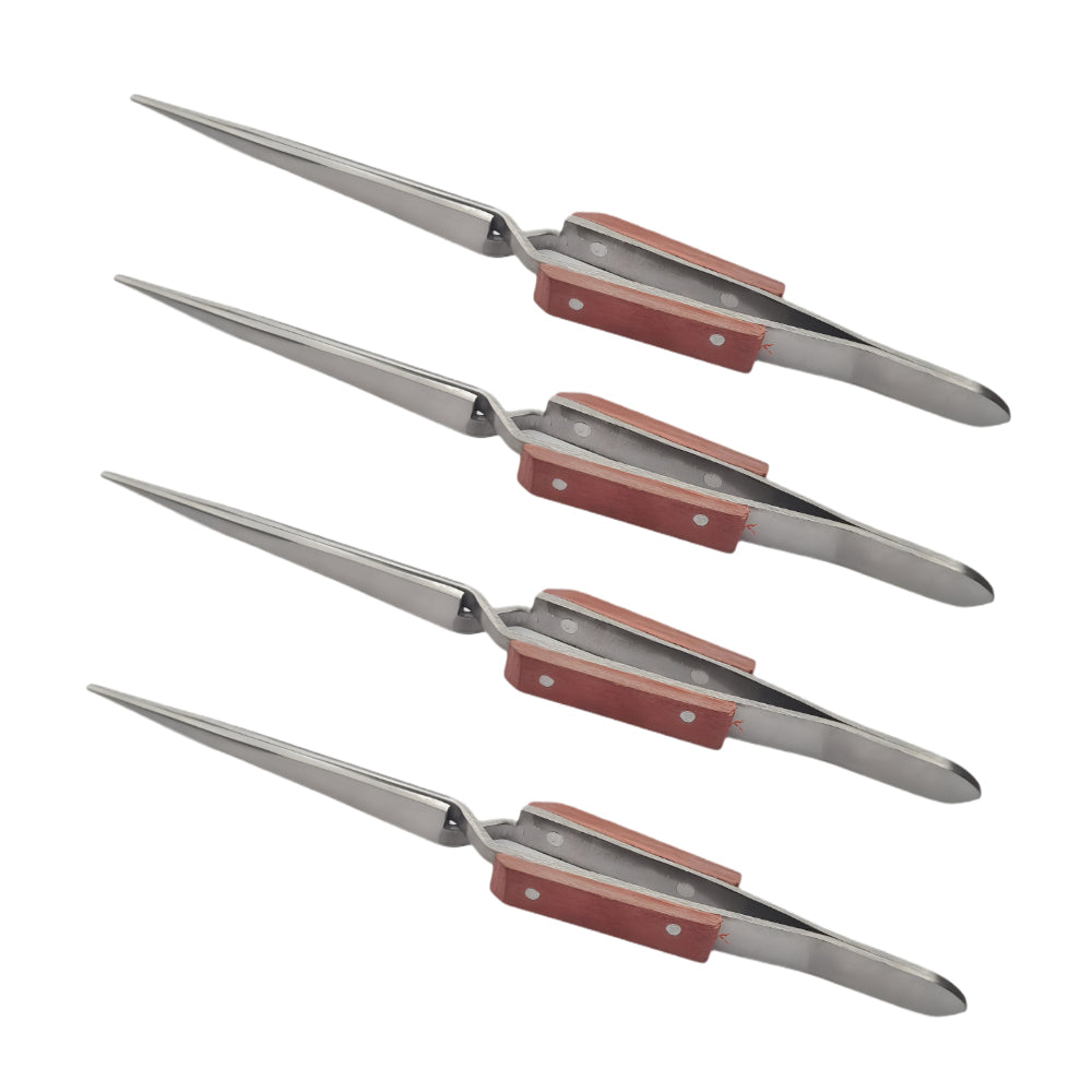 4 Pcs Straight Self Locking Tweezers 6-1/2" Length with Fiber Grip -Jewelry Tool
