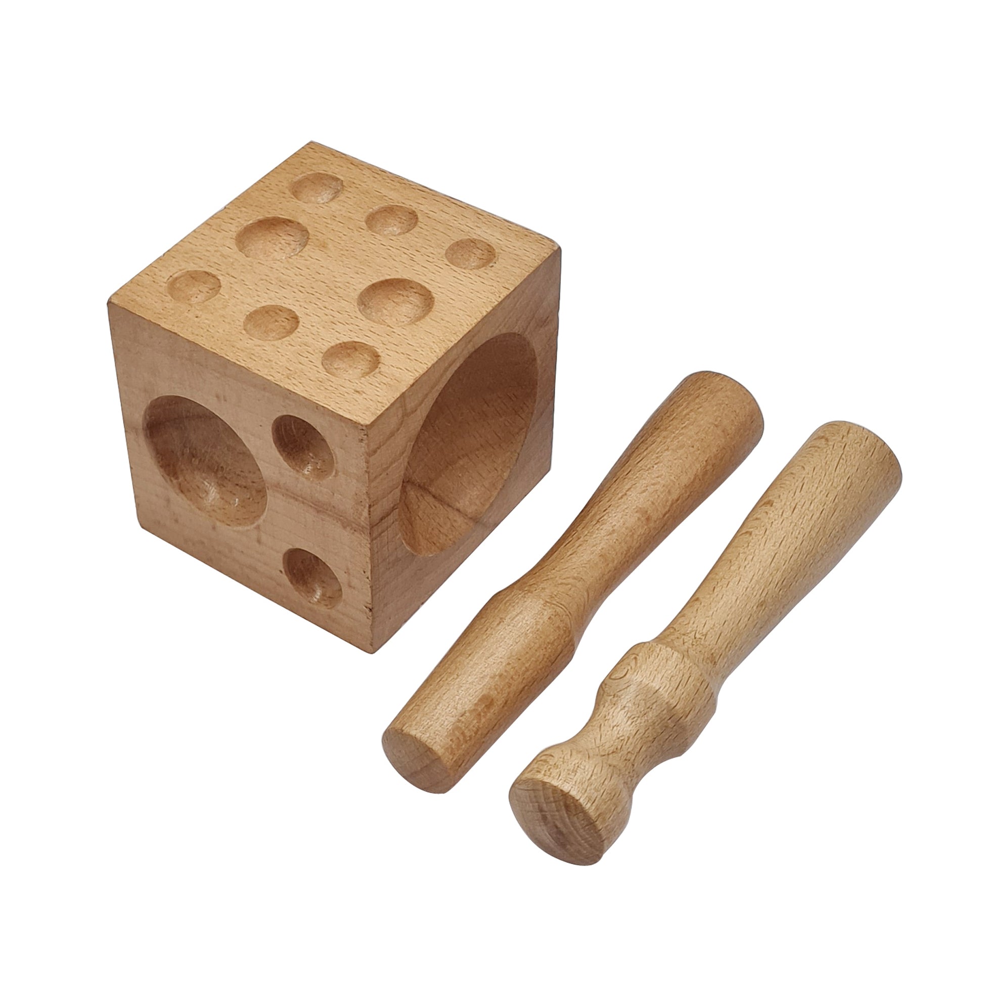 2.1/4" x 2.1/4" x 2.1/4" Wood Doming Block w/ 2 Punches Jewelry Forming Dapping