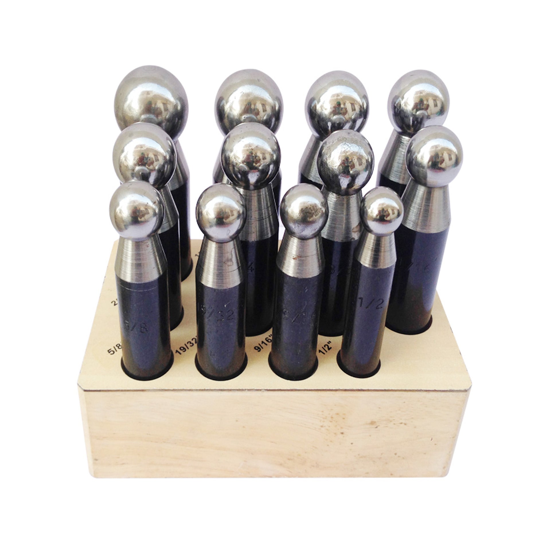 12-Piece Dapping Punches on Wooden Stand - Jewelry Forming Set 12.70mm-25.40mm