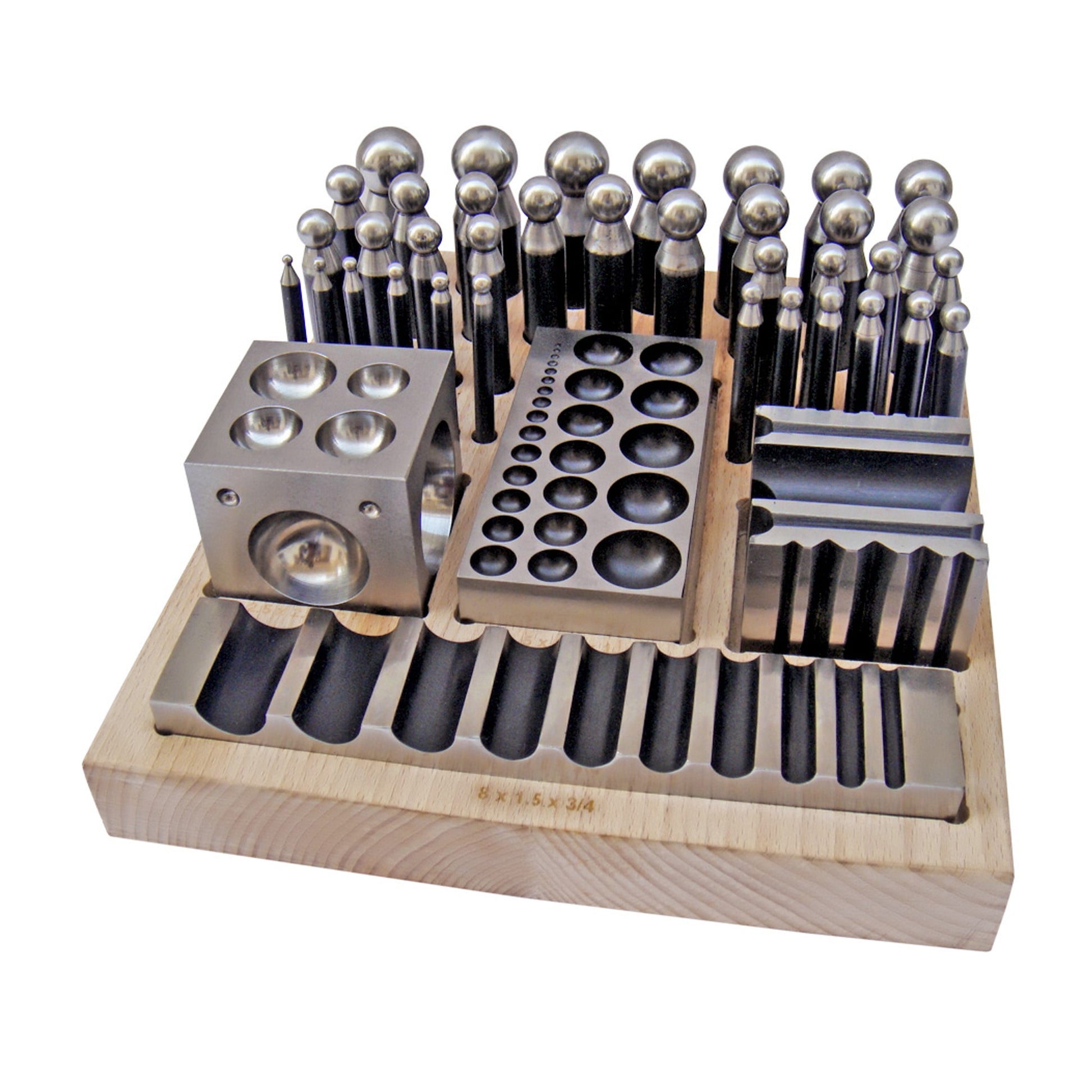 Complete Steel Metal Jewelry Dapping Doming Punch Set on Wooden Block Base Tool