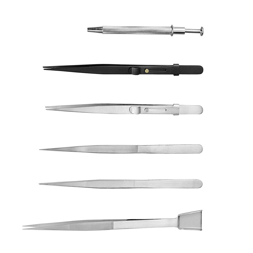 6Pc Stainless Steel Diamond Tweezers Set with Pouch - Jewelry Gemstone Tool