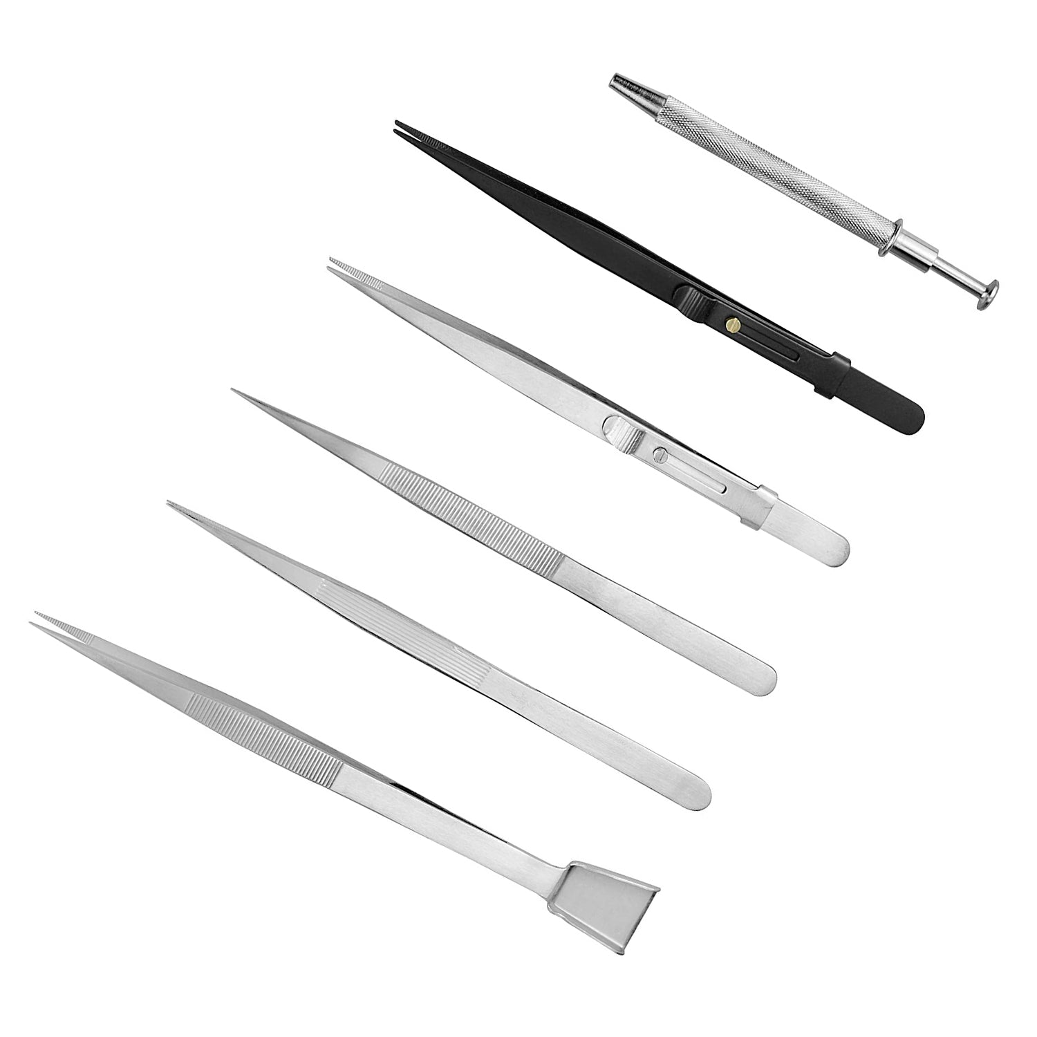 6Pc Stainless Steel Diamond Tweezers Set with Pouch - Jewelry Gemstone Tool