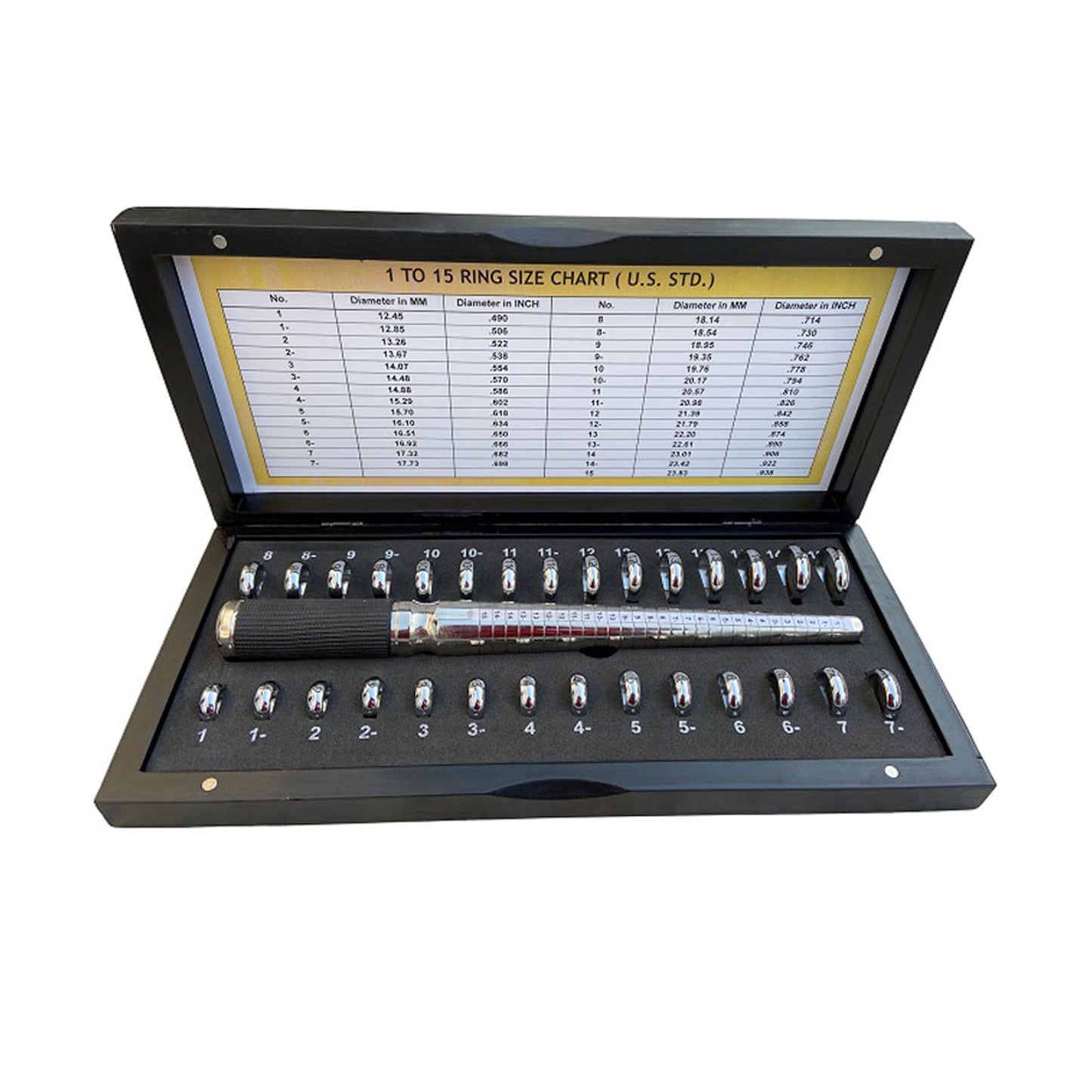 Wedding Ring Gauge Sizes 7 mm and 1-15 with Black Wooden Box - Jewelry Tool
