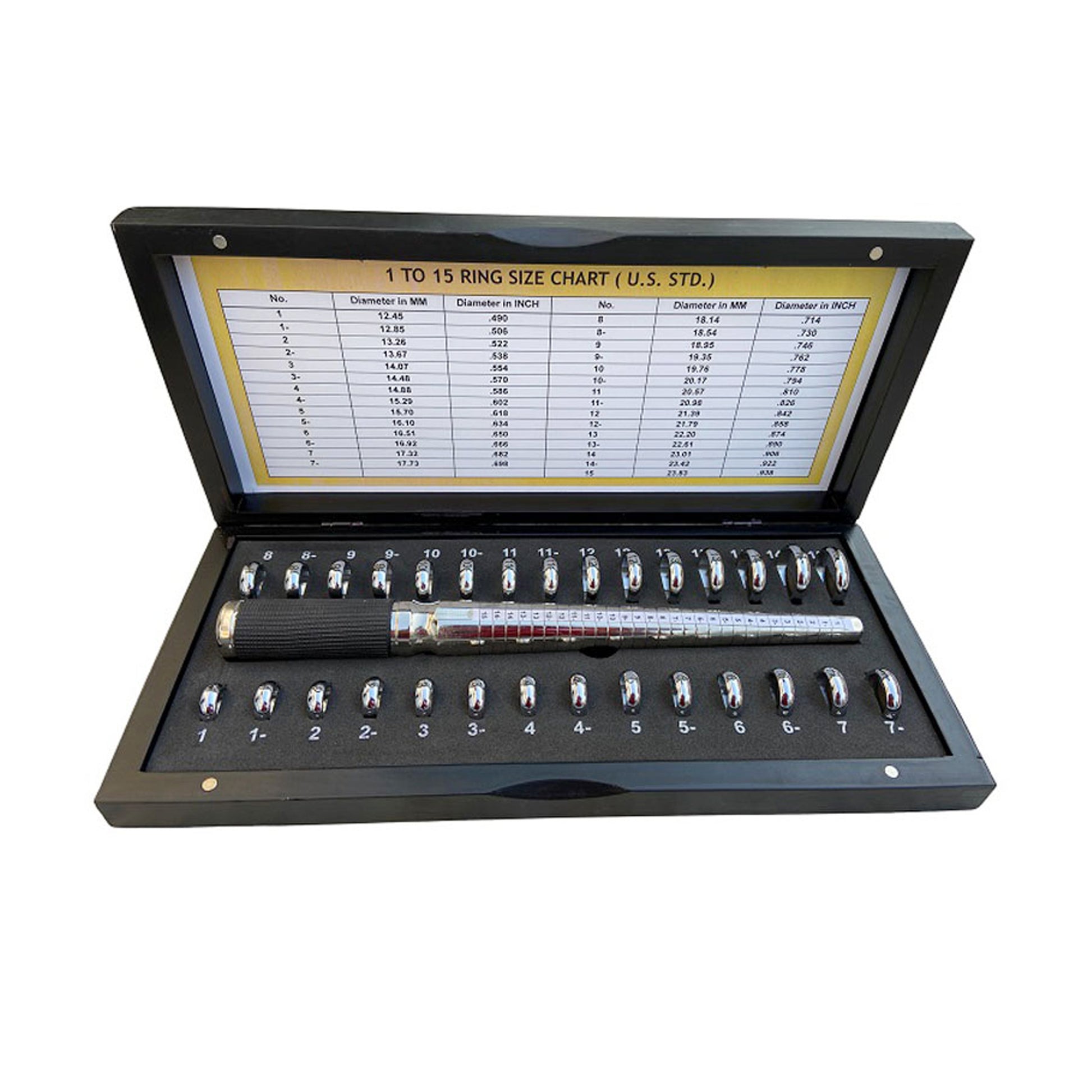 Wedding Ring Gauge Sizes 7 mm and 1-15 with Black Wooden Box - Jewelry Tool
