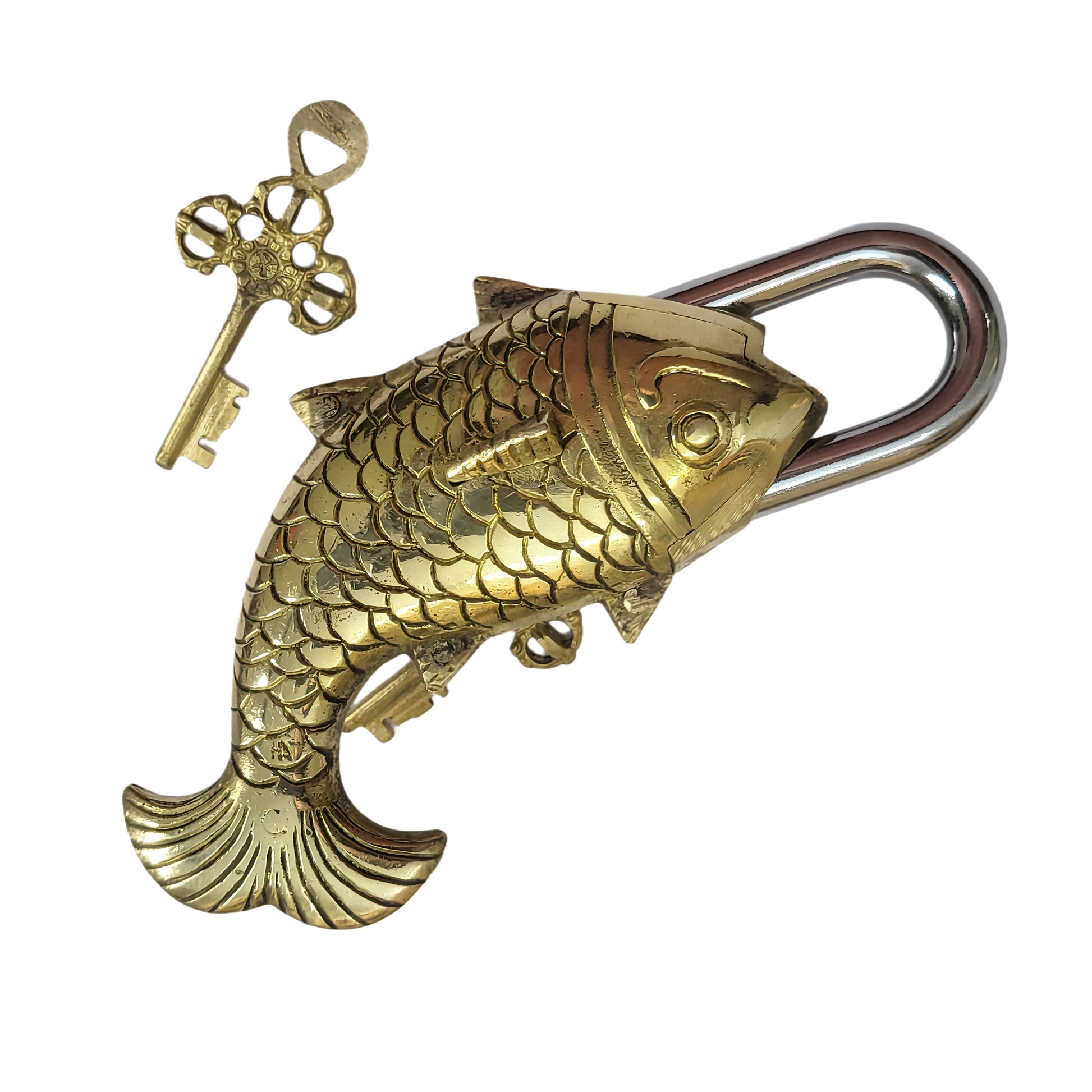 Antique Padlock Brass Hand Crafted Working Decorative Big Fish Shape Padlock