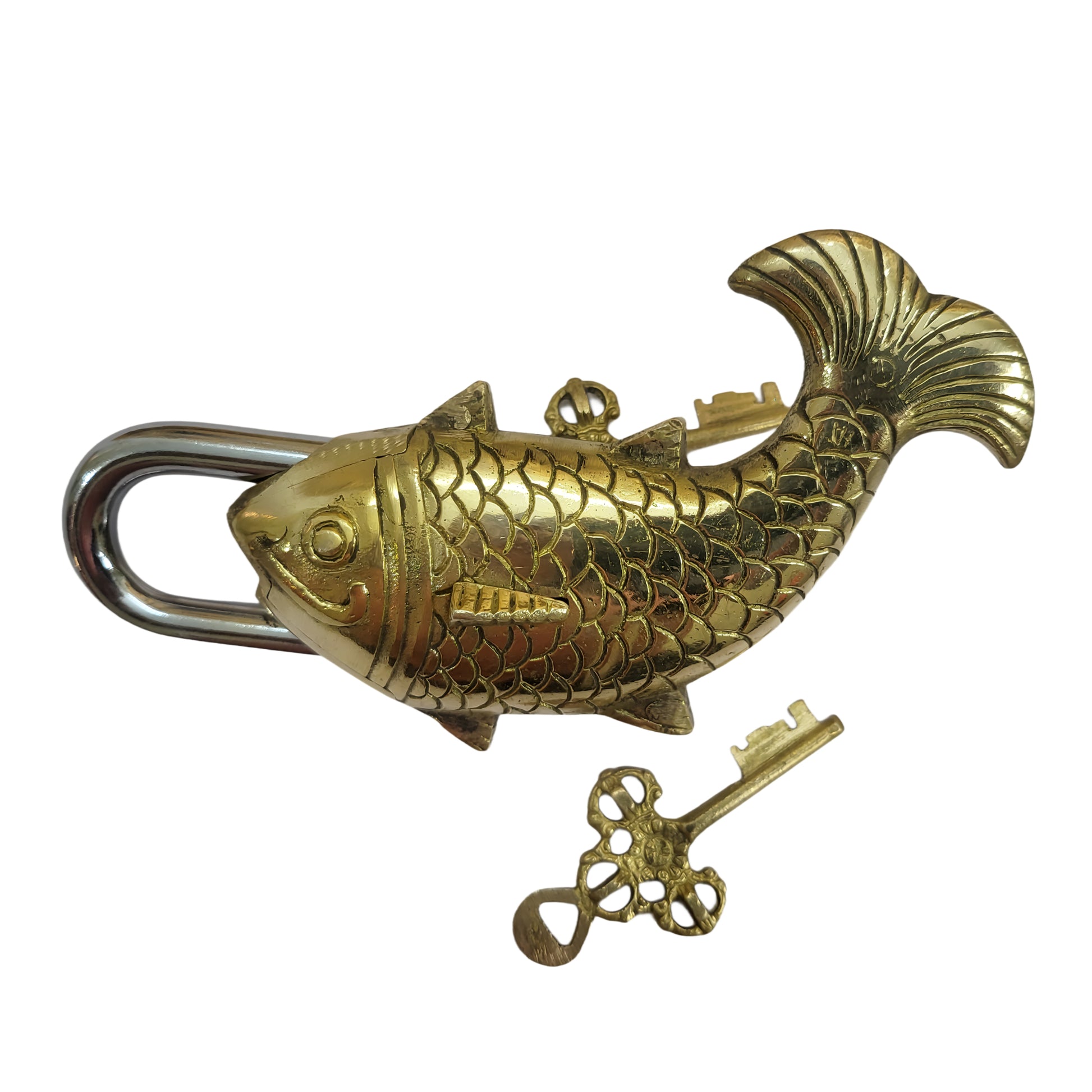 Antique Padlock Brass Hand Crafted Working Decorative Big Fish Shape Padlock