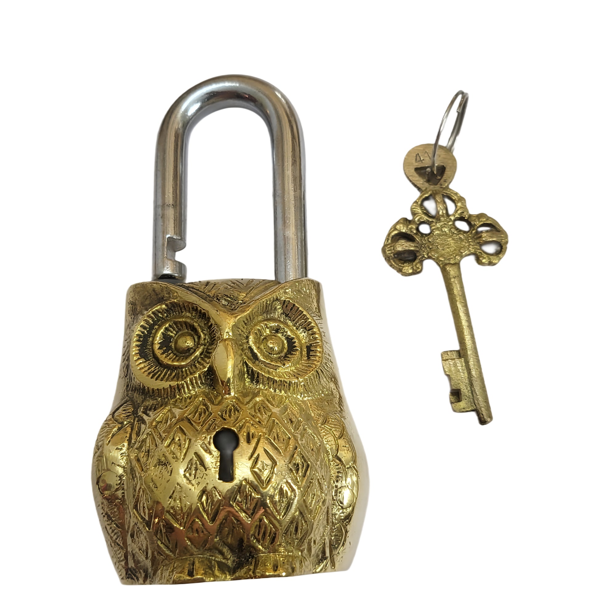 Antique Padlock Brass Hand Crafted Working Decorative Owl Face Shape Padlock