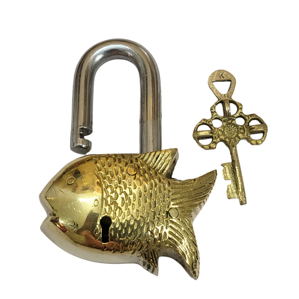 Antique Padlock Brass Hand Crafted Working Decorative Small Fish Shape Padlock