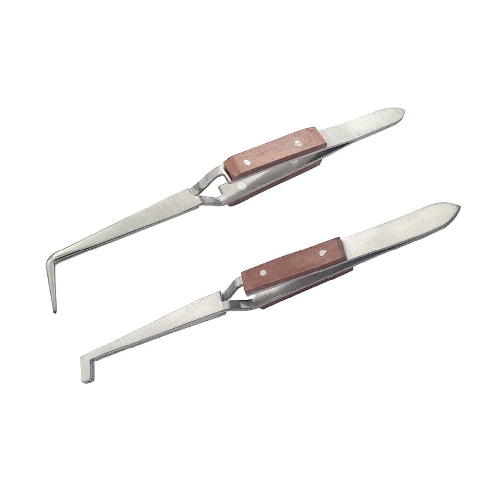 Set of 2 Fiber Grip Cross Locking Tweezers 90º Bent Tip & 90º Hole Slotted