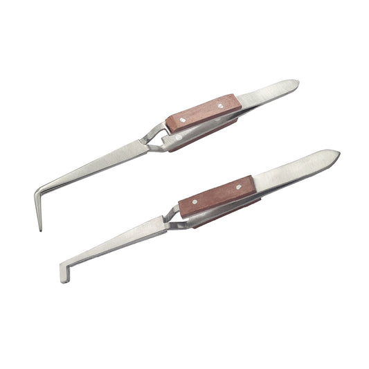 Set of 2 Fiber Grip Cross Locking Tweezers 90º Bent Tip & 90º Hole Slotted