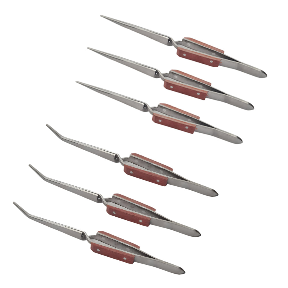 Set of 6 Cross Lock Fiber Grip Tweezers Self Closing 6-1/2" Bent & Straight Tip