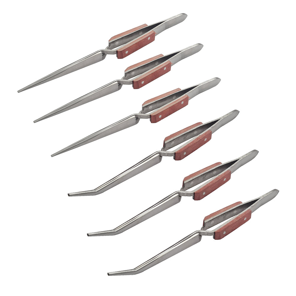 Set of 6 Cross Lock Fiber Grip Tweezers Self Closing 6-1/2" Bent & Straight Tip