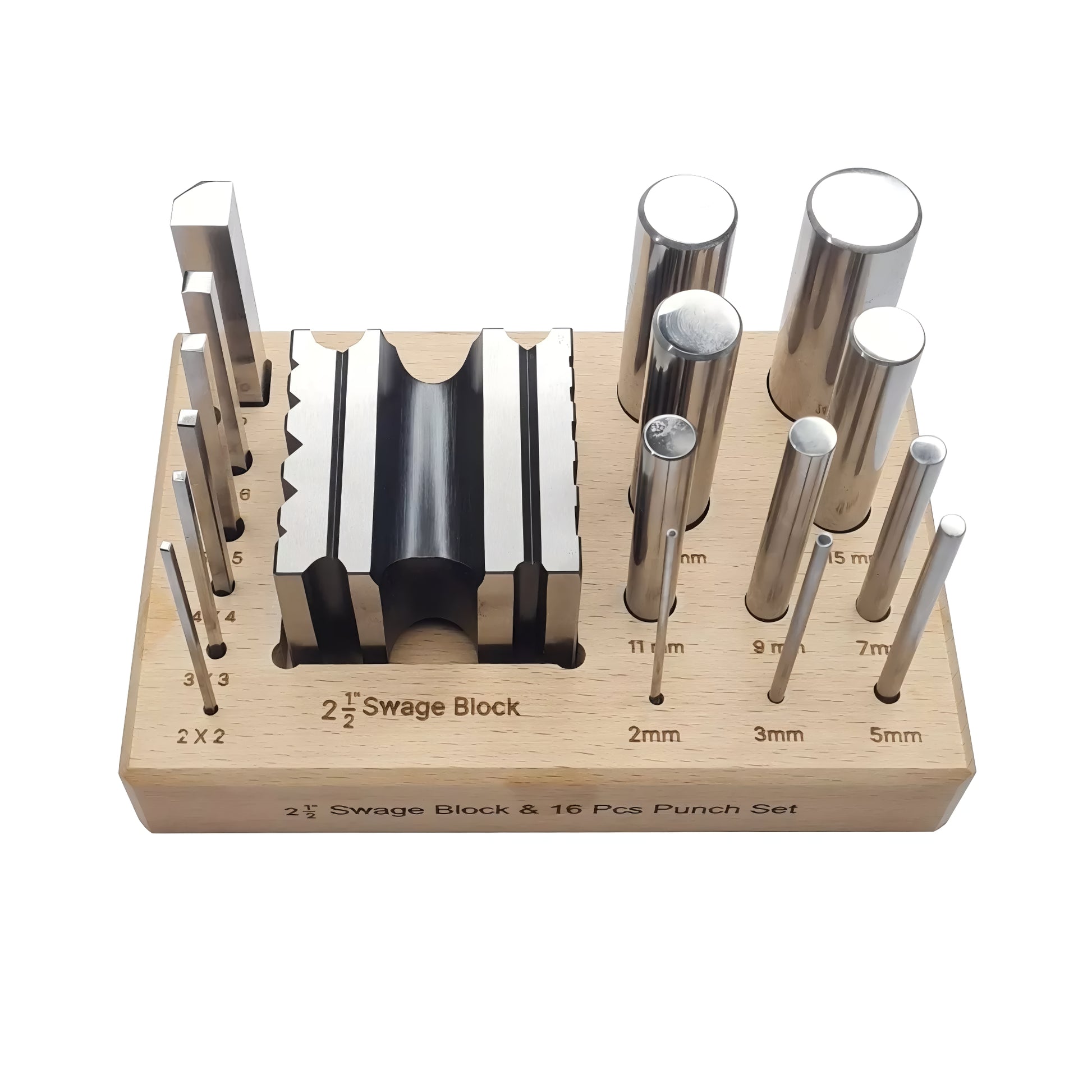 Steel Swage Block with 16 Punch Set and Wooden Stand - Jewelry Making Tool