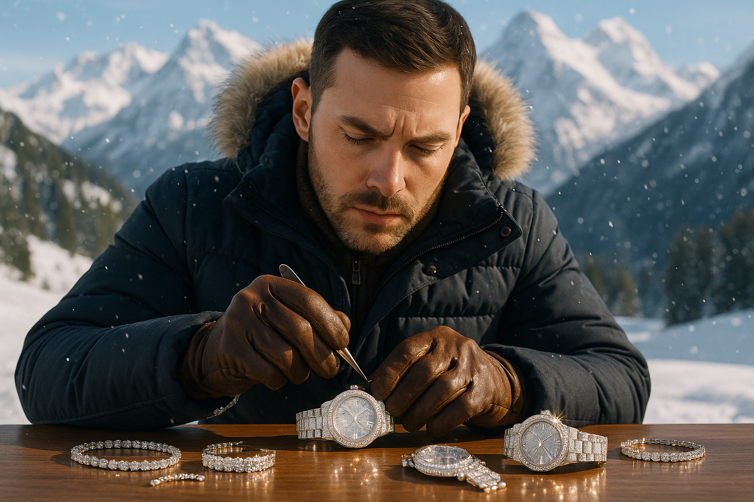 MAKE THE MAN AFCE MOREW IN THE MIDDLE AND HT EMOUNATISN IN THE TOP AND ICED OUT WATCHES