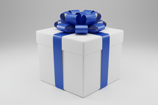 white wrpaping on a box and with a blue strap 